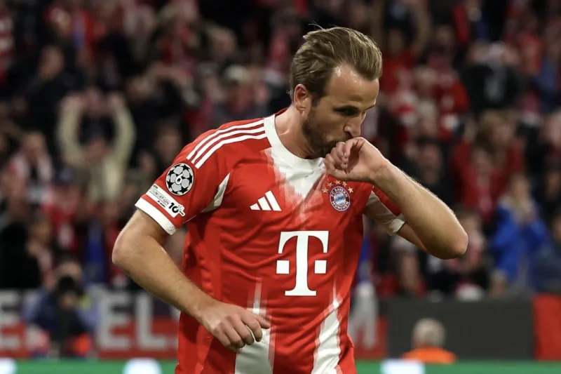 Harry Kane Celebrates a Goal in the Bayern Munich Kit in a Champions League Match