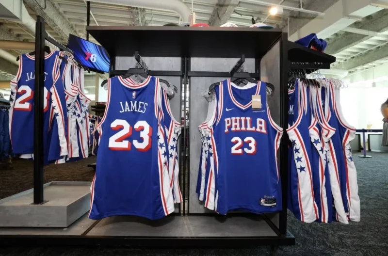 A LeBron James Number 23 Philadelphia 76ers Jersey on Display