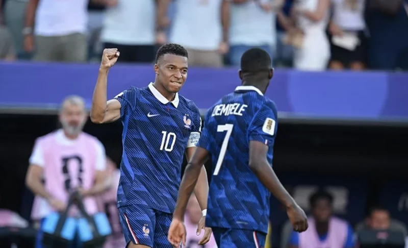 Kylian Mbappe Celebrates a Goal for France Next to Ousmane Dembele Дембеле