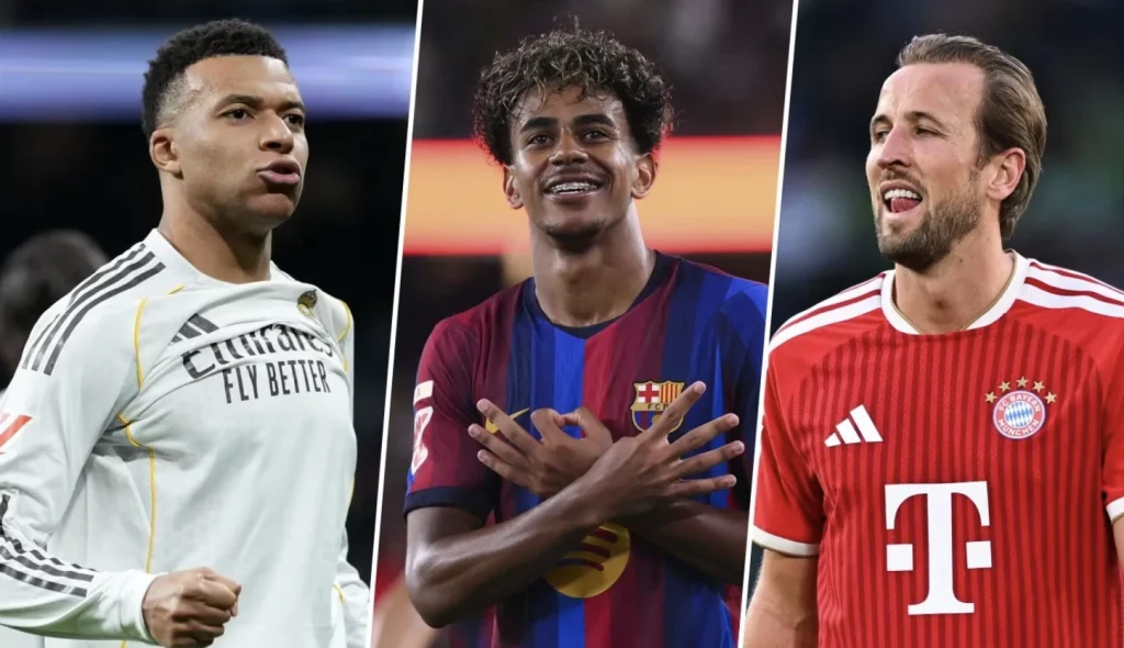 A Collage of Kylian Mbappe, Lamine Yamal and Harry Kane
