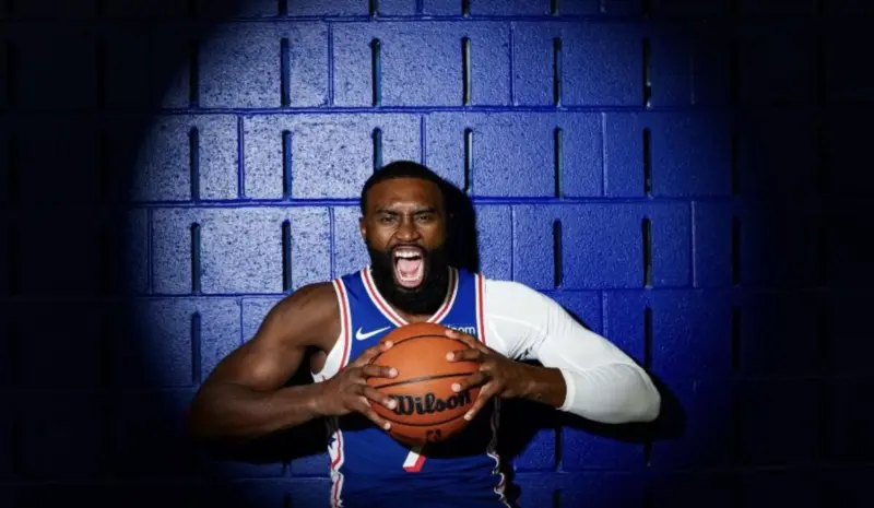 A Basketball Player in a Philadelphia 76ers Jersey at NBA Media Day
