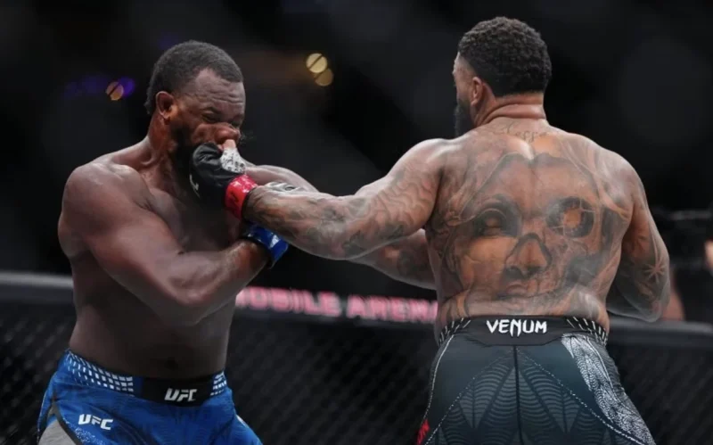A Fighter Lands a Punch on His Opponent During a UFC Bout